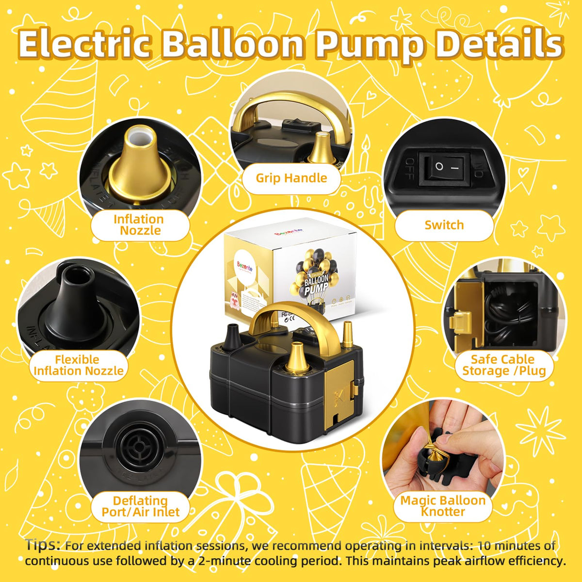 Bezente Balloon Pump Electric, Portable Balloon Inflator Pump Electric Air Pump for Balloons Dual Nozzle Electric Balloon Pump for Birthday Wedding Graduation Party Decorations