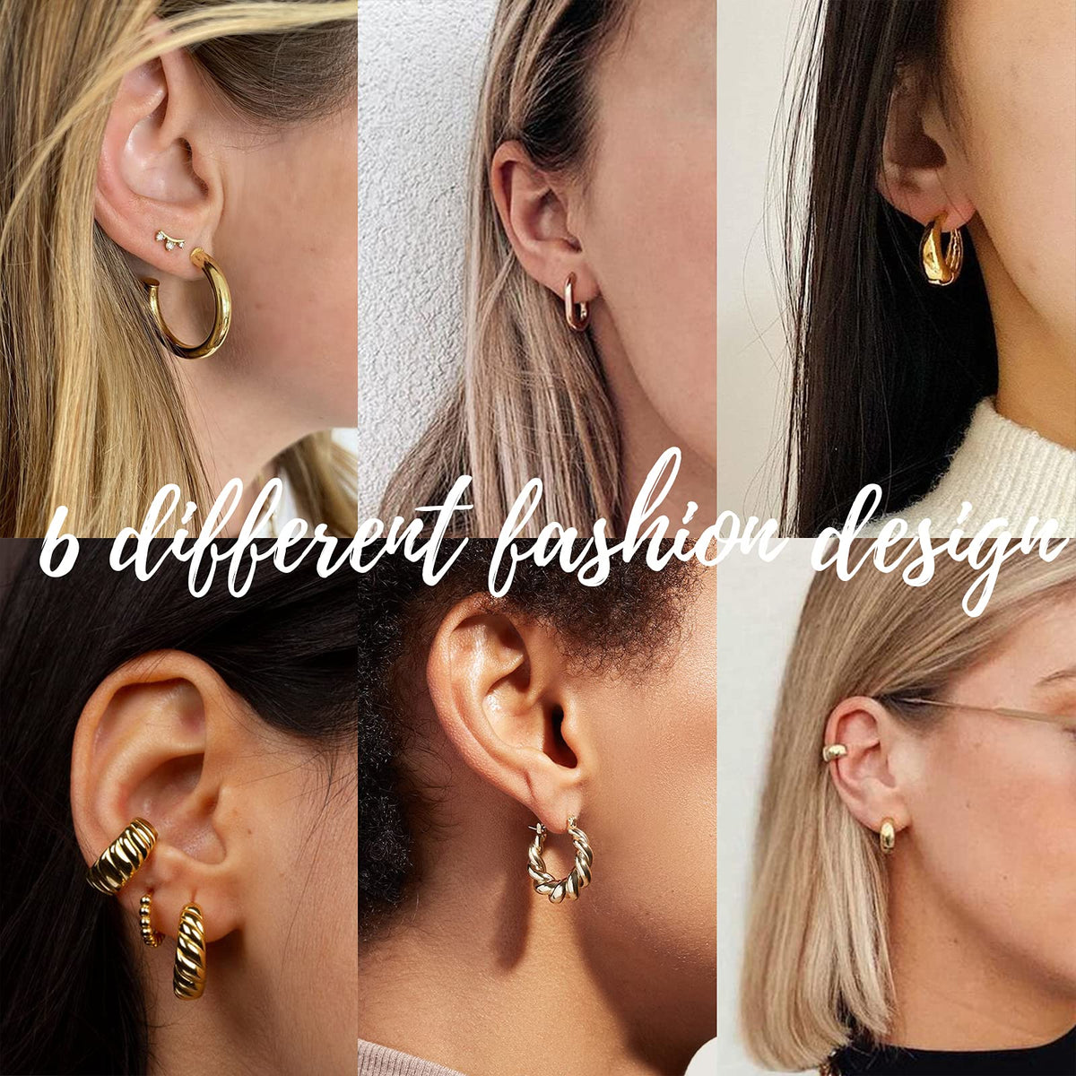 Hoop Earrings Set for Women, 6 Pairs 14K Gold Plated Lightweight Hypoallergenic Chunky Open Twisted Hoops Earrings Pack Jewelry