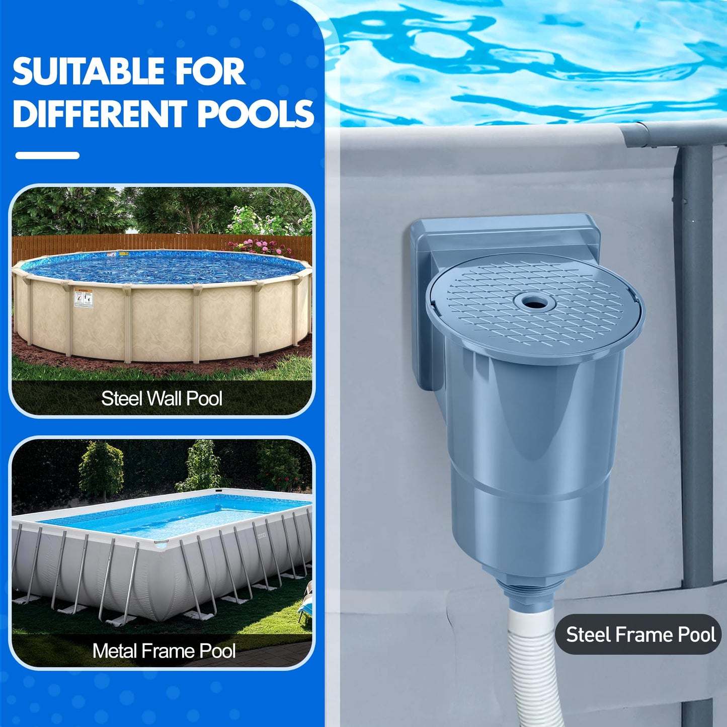 DeeprClean Upgrade Above Ground Pool Skimmer Comes with 3 Socks, Anti-tilt Wall Mount Surface Skimmer, Removable Skimmer Basket, Adjustable Height Bracket, Auto Skimming Pool Surface Leaves - Blue