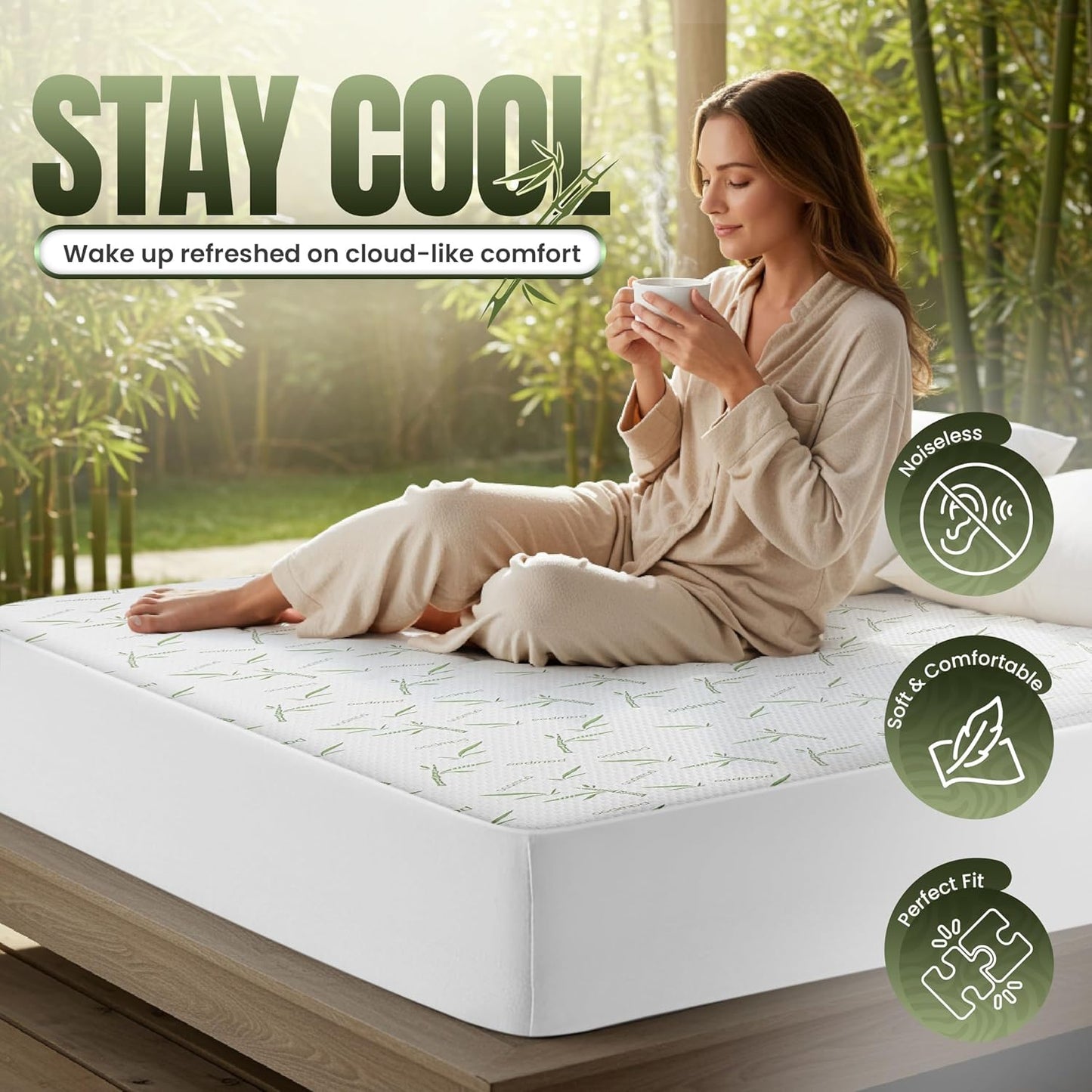 Utopia Bedding Wasserdichter Matratzenschoner Queen-Size, Bambus-Viskose Matratzenbezug 200 GSM, Für Matratzen bis 43 cm Höhe, Atmungsaktiv, Spannbetttuch-Stil mit dehnbaren Taschen