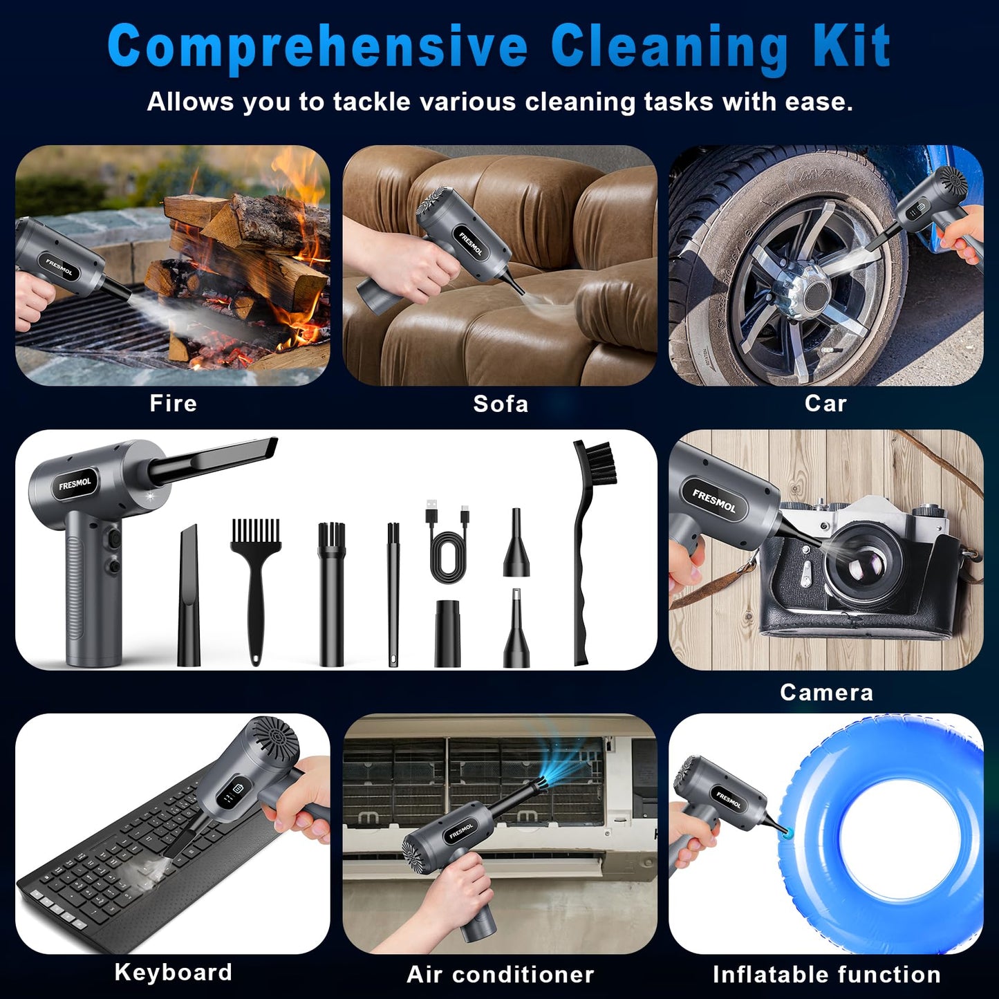 Compressed Air Duster-3 Gear Adjustable 100000RPM Electric Air Duster with LED Light, Rechargeable Cordless Air Blower for Keyboard Electric Devices Cleaning. Replaces Compressed Air Cans (Black)