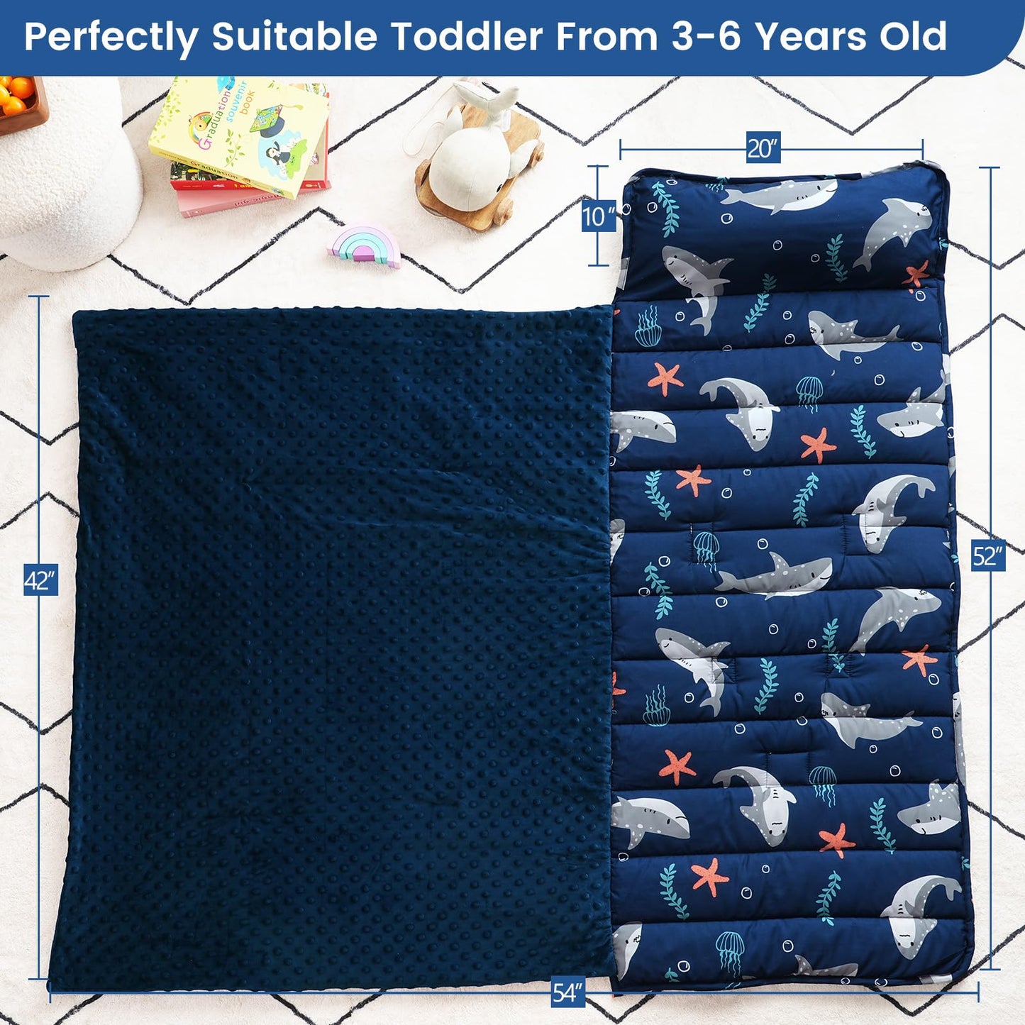 PHF Toddler Nap Mat with Removable Pillow and Minky Blanket, Rollup Design Kids Sleeping Mat, Slumber Bags for Boys, 55"x23" Toddler Sleeping Bag for Daycare Preschool Travel Camping, Space