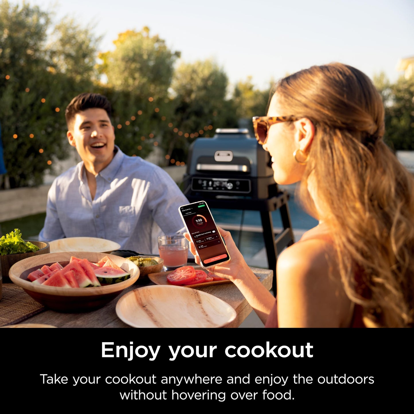 Ninja Woodfire Pro Connect XL Outdoor Grill & Smoker | Bluetooth, App Enabled | 7-in-1 Grill, BBQ Smoker, Outdoor Air Fryer | Woodfire Technology | Built-In Thermometer | Blue & Gold| OG951BL1
