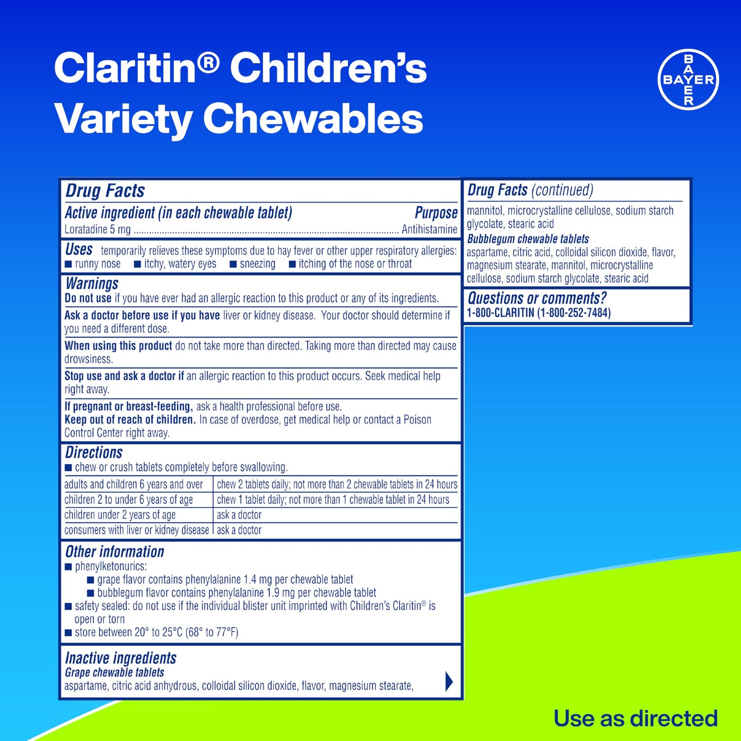 Claritin Children's Allergy Medicine, 24-Hour Non-Drowsy Loratadine 5mg Chewable Tablet, Antihistamine for Kids Ages 2 Years and Older, Grape & Bubble Gum Flavors, 40 Tablets, (Pack of 2)