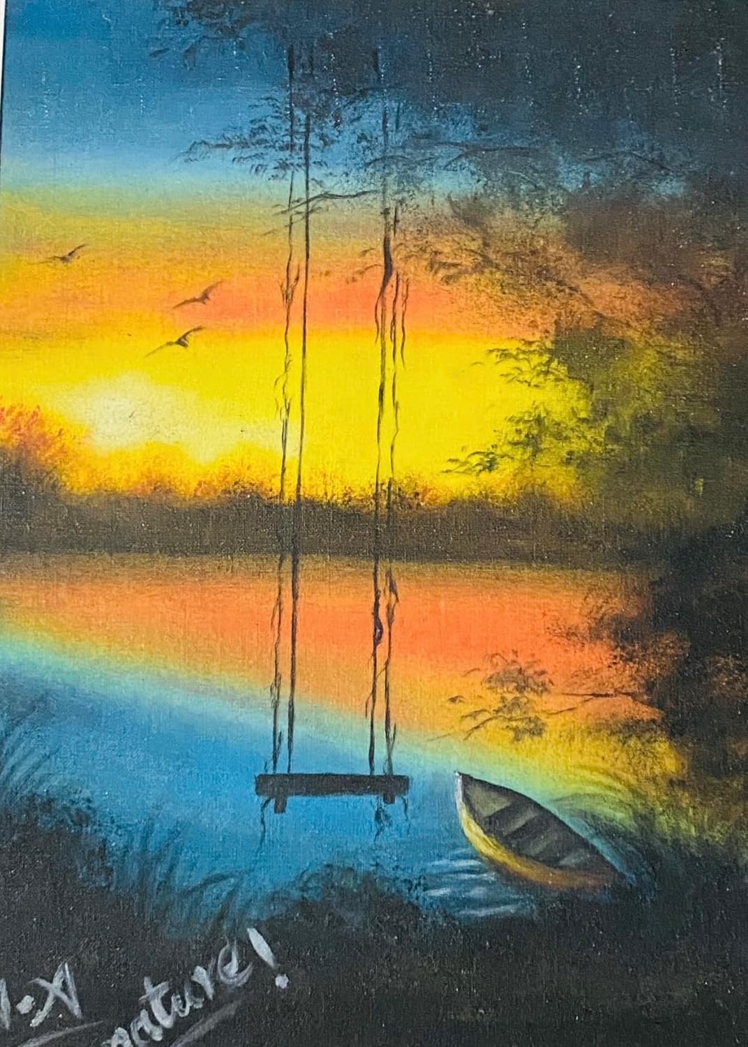100 % Original Handgemaltes Sonnenuntergang See Ölgemälde auf Leinwand – Schaukel & Boot Landschaft Wandkunst – Handgemalte Wohndekoration für Wohn- & Schlafzimmer – 27×34 cm | Elitora Mart
