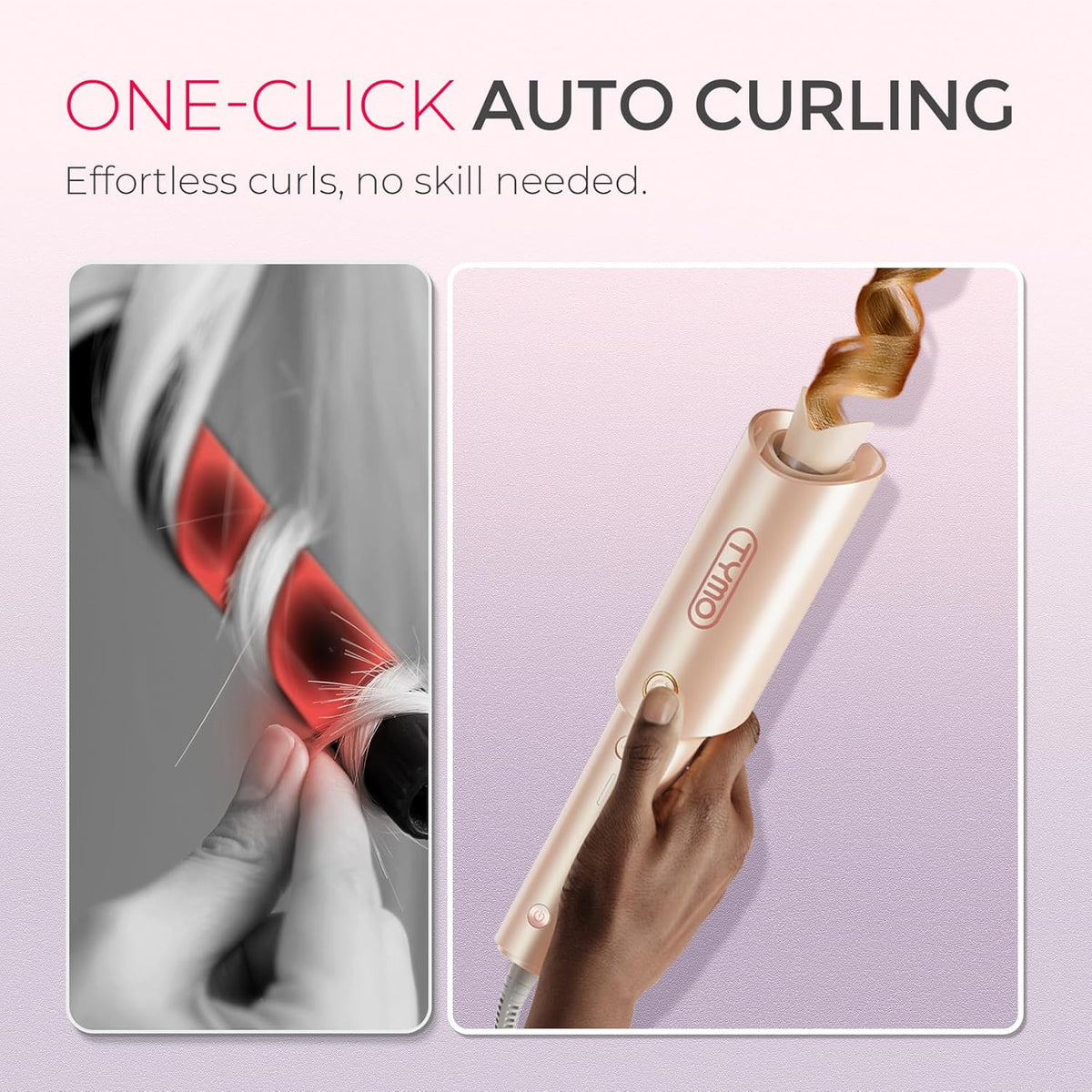 TYMO CURLPRO Automatic Rotating Curling Iron - Beach Waves Curling Wand, Portable Hair Curler, 500 Million Ionic, Dual Voltage & Lightweight for Travel, Ceramic Coating, Metallic Gray 1 inch