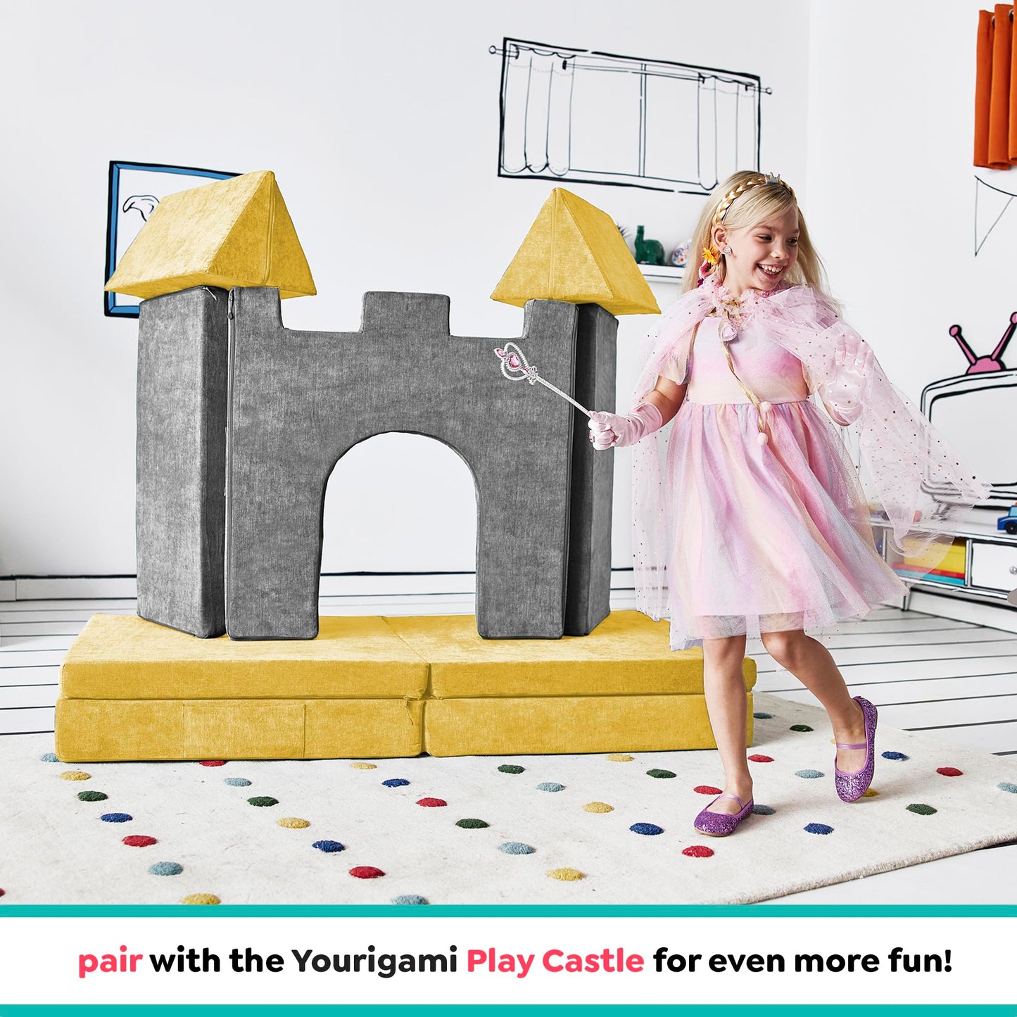 Yourigami Kids and Toddler Play Gym, Playroom Couch Set, Durable Modular Design, Green Meadows