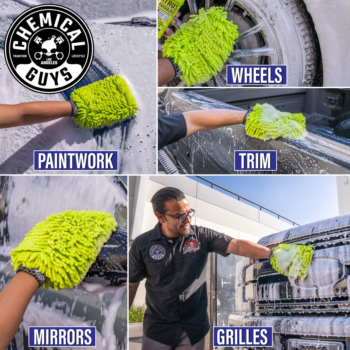 Chemical Guys Chenille Premium Kratzfreier Mikrofaser Waschhandschuh für die Autowäsche – 2er-Pack, Limettengrün, ultraweiche Autowaschhandschuhe, wirbelfreies Finish, sicher für LKWs, SUVs, Motorräder und mehr