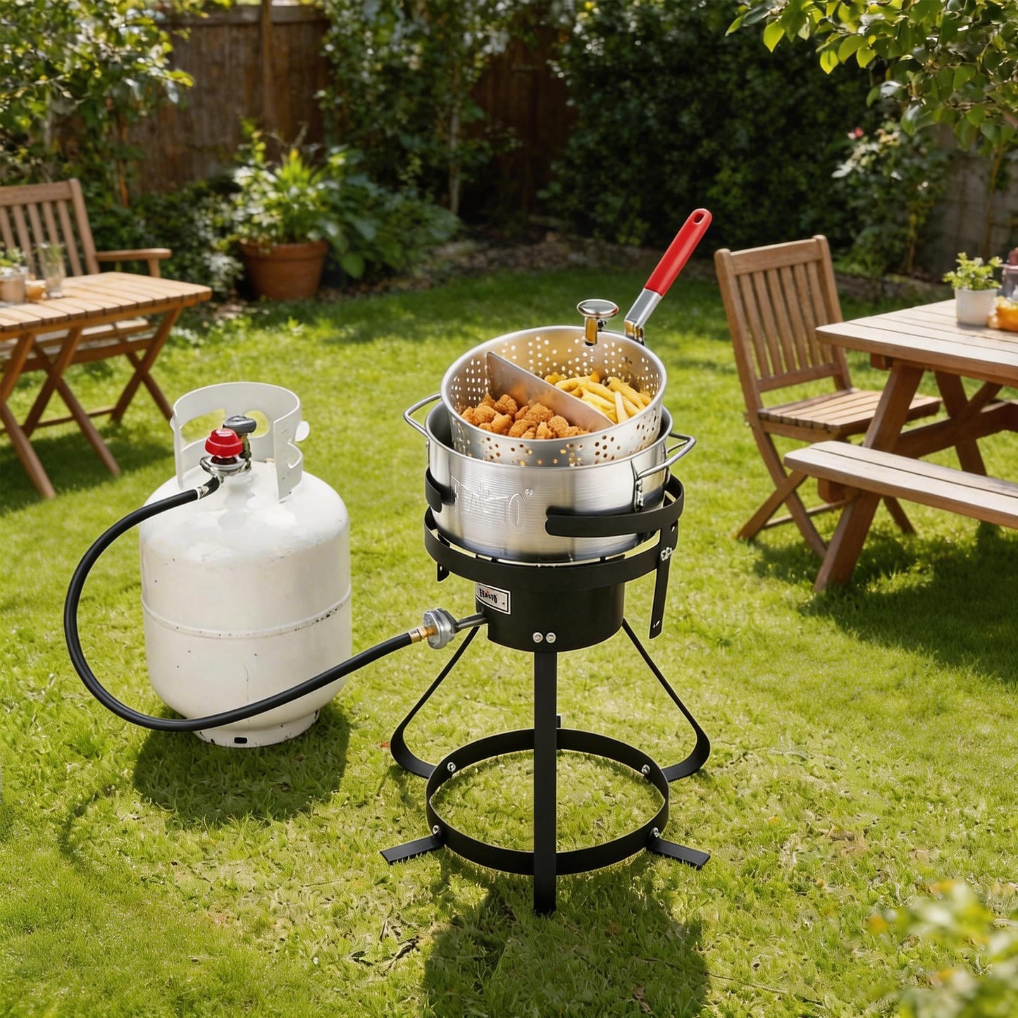 Feasto 10 Qt Outdoor Propane Gas Fish Fryer Pot Kit with Strainer Basket | Aluminum, 50,000 BTU Burner, Adjustable 0-5 PSI Regulator, Perfect for Boiling and Frying