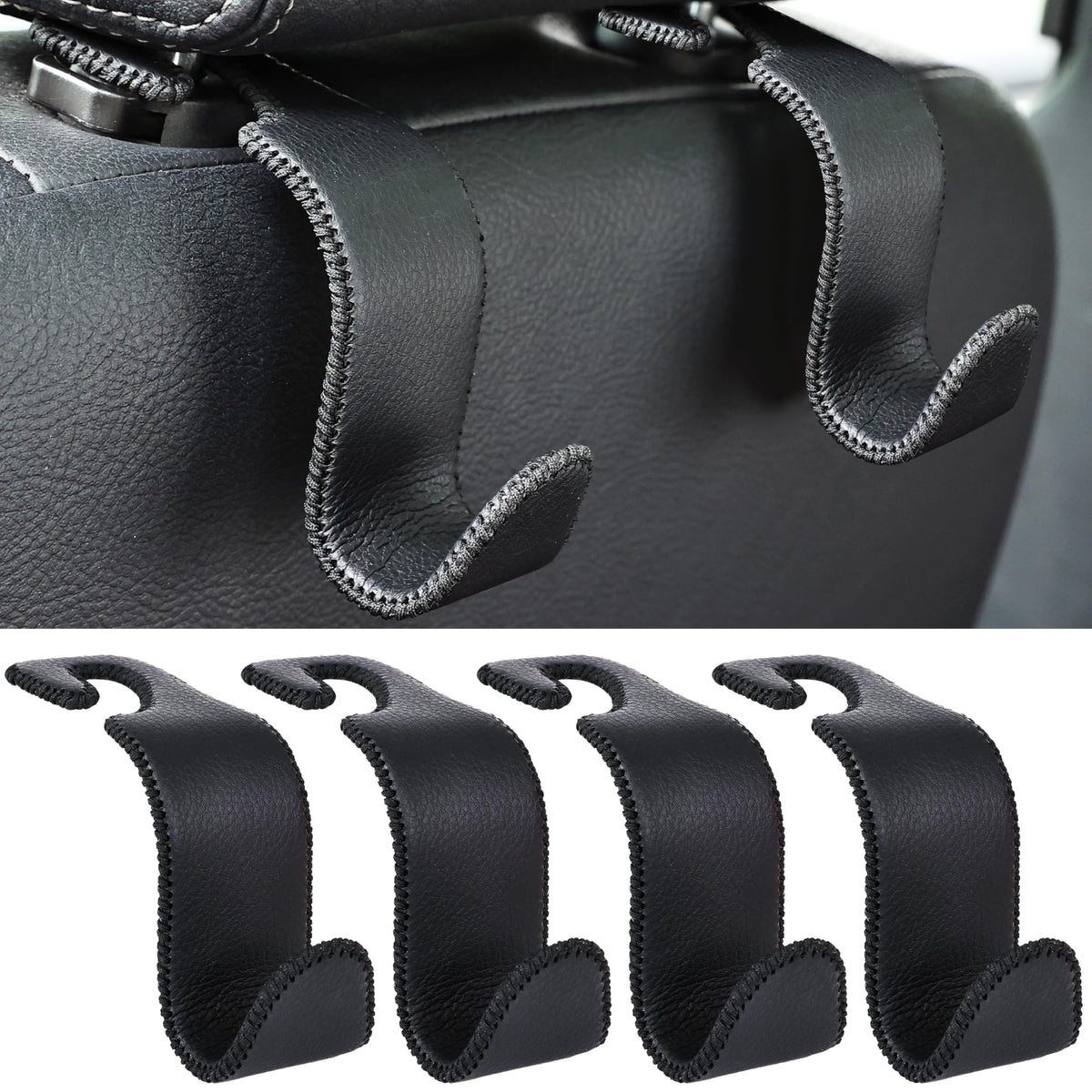 Amooca 4-Pack Car Headrest Hooks Vehicle Storage Organizer for Purses Handbags Groceries Backpack Coats –Holds 55lbs 360° Rotating Black