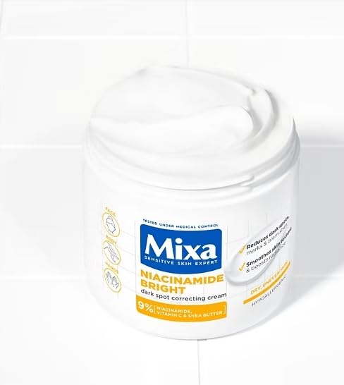 Mixa Niacinamide Bright Moisturizing Anti‑Dark Spot Cream – 400 ml (13.52 fl.oz.), Face & Body Hydration for Dry & Sensitive Skin