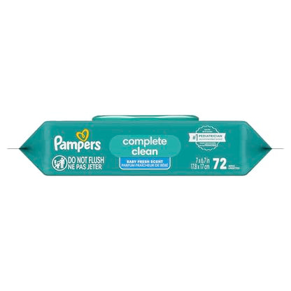 Pampers Baby-Feuchttücher, Complete Clean, Baby Fresh Duft, reinigt sanft von Kopf bis Fuß, 216 Stück (3 Packungen mit wiederverschließbarem Deckel)
