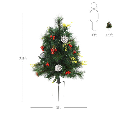 2.5ft 2 Pieces Prelit Artificial Christmas Tree With LED Light Mini Xmas Tree With Small Berry Pine Needles Pinecones Decorations For Garden