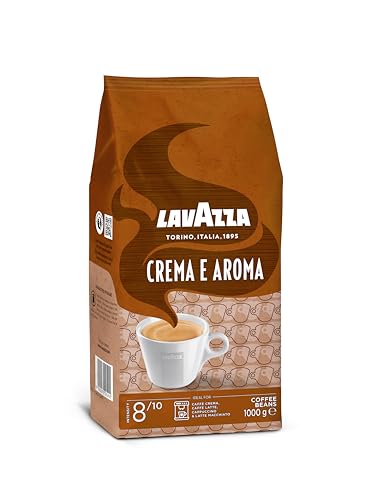 Lavazza Crema E Aroma Ganze Kaffeebohnen, 1 kg Packung, Ausgewogene mittlere Röstung mit intensivem, erdigem Geschmack und lang anhaltender Crema, GMO-frei