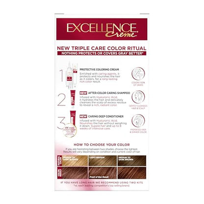 L'Oréal Paris Excellence Crème Permanente Haarfarbe, dreifache Pflegehaarfarbe mit Hyaluronsäure für 100% Grauabdeckung, 4AR Dunkles Schokobraun, 1 Packung (Verpackung kann variieren)