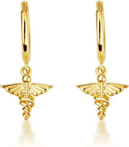 Claddagh Gold 14K Yellow Gold Medical Nurse RN Caduceus Staff Drop Earrings