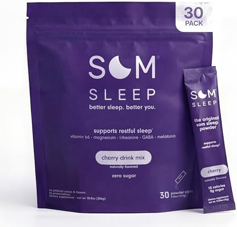 Som Sleep Calm Sleep Aid Drink Mix Powder, Melatonin 3mg, Magnesium, Vitamin B6, L-Theanine & GABA – Vegan, Zero Sugar, Keto Friendly – Cherry, 60-Pack