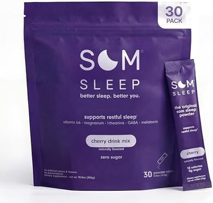 Som Sleep Calm Sleep Aid Drink Mix Powder, Melatonin 3mg, Magnesium, Vitamin B6, L-Theanine & GABA – Vegan, Zero Sugar, Keto Friendly – Cherry, 60-Pack