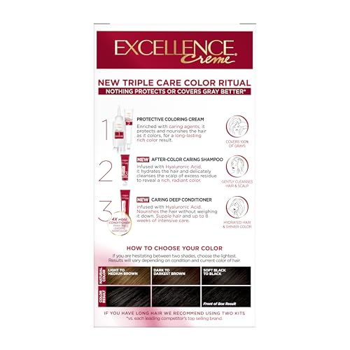 L'Oréal Paris Excellence Crème Permanente Haarfarbe, dreifache Pflegehaarfarbe mit Hyaluronsäure für 100% Grauabdeckung, 4AR Dunkles Schokobraun, 1 Packung (Verpackung kann variieren)