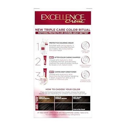 L'Oréal Paris Excellence Crème Permanente Haarfarbe, dreifache Pflegehaarfarbe mit Hyaluronsäure für 100% Grauabdeckung, 4AR Dunkles Schokobraun, 1 Packung (Verpackung kann variieren)