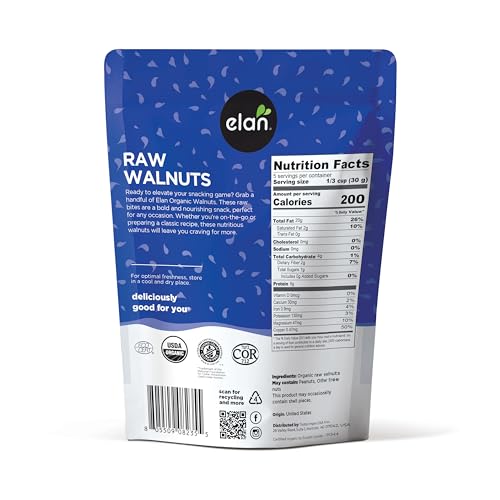 Elan Bio-Walnüsse, 150 g, roh, ungesalzen, ungeröstet, geschält, gentechnikfrei, vegan, glutenfrei, koscher, gesunde Snacks