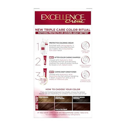 L'Oréal Paris Excellence Crème Permanente Haarfarbe, dreifache Pflegehaarfarbe mit Hyaluronsäure für 100% Grauabdeckung, 4AR Dunkles Schokobraun, 1 Packung (Verpackung kann variieren)