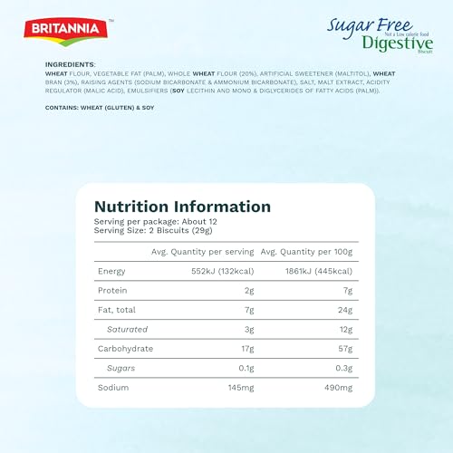 BRITANNIA Digestive Sugar Free Biscuits 12.34oz (350g) - Whole Wheat Flavor Cookies - Breakfast & Tea Time Healthy Snacks (Pack of 1)
