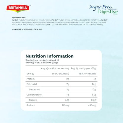 BRITANNIA Digestive Sugar Free Biscuits 12.34oz (350g) - Whole Wheat Flavor Cookies - Breakfast & Tea Time Healthy Snacks (Pack of 1)