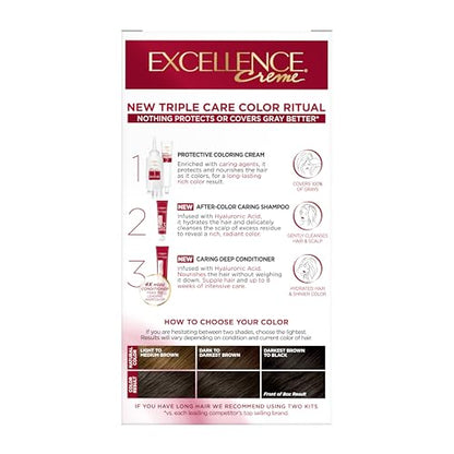 L'Oréal Paris Excellence Crème Permanente Haarfarbe, dreifache Pflegehaarfarbe mit Hyaluronsäure für 100% Grauabdeckung, 4AR Dunkles Schokobraun, 1 Packung (Verpackung kann variieren)