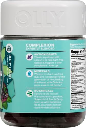 OLLY Flawless Complexion Gummy, Clear and Healthy Skin Support, Vitamins E, A, Zinc, Chewable Supplement, Berry - 50 Count (Pack of 12)