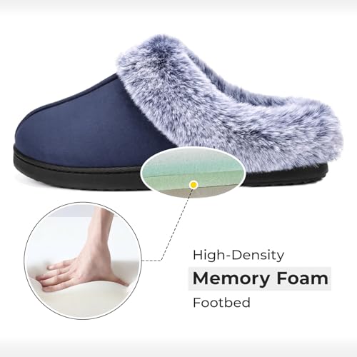 HomeTop Damen Classic Microsuede Memory Foam Hausschuhe Strapazierfähige Gummisohle mit Warmem Kunstfellkragen (9-10 M, Schwarz)