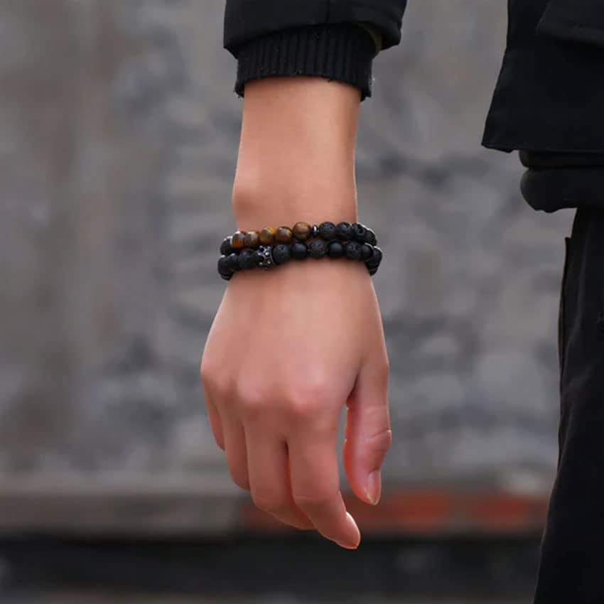 Tigerauge Armband für Herren 8MM Natursteinperlen Armband Set Stretch Lava Stein Armbänder Verstellbares Schwarzes Kristallperlenarmband für Herren Damen Geschenke