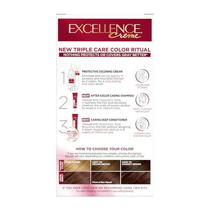 L'Oréal Paris Excellence Crème Permanente Haarfarbe, dreifache Pflegehaarfarbe mit Hyaluronsäure für 100% Grauabdeckung, 4AR Dunkles Schokobraun, 1 Packung (Verpackung kann variieren)