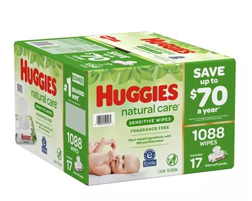 Huggies Natural Care Sensitive Baby-Feuchttücher, parfümfrei, hypoallergen, 99 % gereinigtes Wasser, 15 Flip-Top-Packungen (insgesamt 960 Tücher)