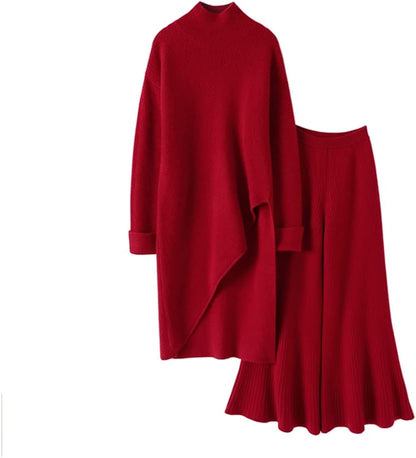 Women's High Neck Cashmere Sweater and Flared Pants Suit
