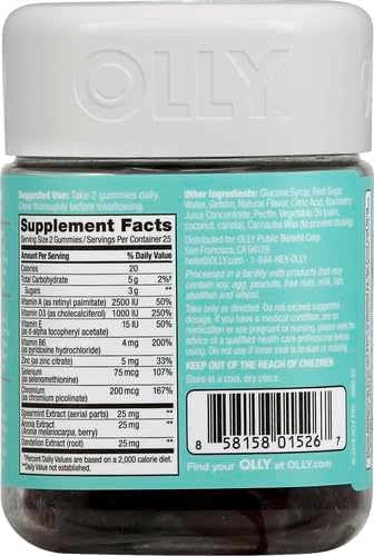 OLLY Flawless Complexion Gummy, Clear and Healthy Skin Support, Vitamins E, A, Zinc, Chewable Supplement, Berry - 50 Count (Pack of 12)