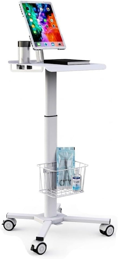 Mount Plus C01 Height Adjustable Mobile Medical Tablet Cart with Wheels and Tablet Enclosure Basket Storage | Medical Trolley for Hospital Clinic Beauty Salon | Pneumatic Mobile iPad Workstation