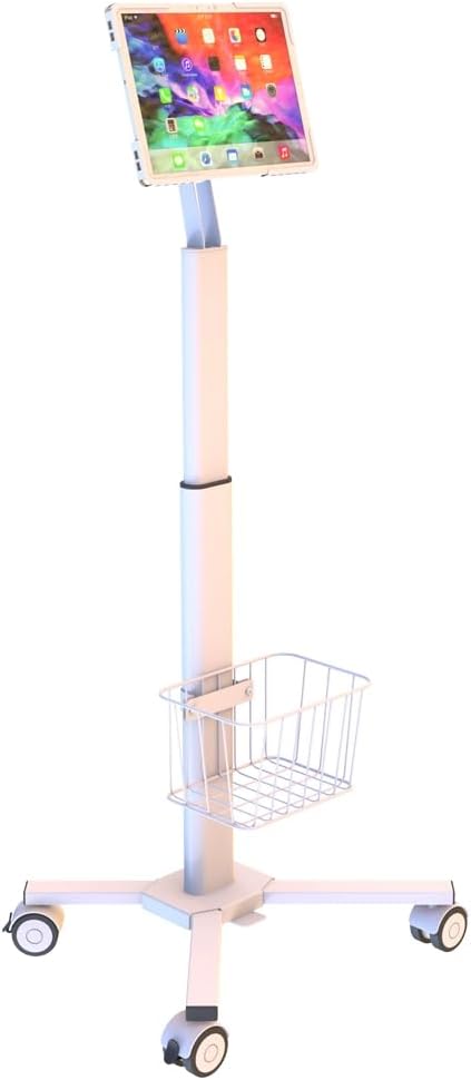 Mount Plus C01 Height Adjustable Mobile Medical Tablet Cart with Wheels and Tablet Enclosure Basket Storage | Medical Trolley for Hospital Clinic Beauty Salon | Pneumatic Mobile iPad Workstation
