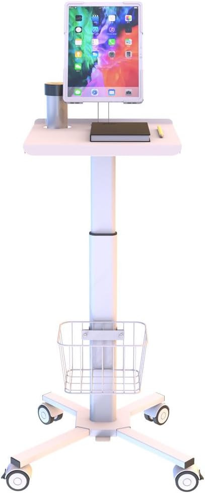 Yicorgard Medical Trolley Rolling Laptop Desk with Weels,Height Adjustable Mobile Workstation Podium Speaker Stand with iPad Holder,Basket Storage,Medical Cart for Hospital Dental Office Salon