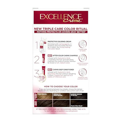 L'Oréal Paris Excellence Crème Permanente Haarfarbe, dreifache Pflegehaarfarbe mit Hyaluronsäure für 100% Grauabdeckung, 4AR Dunkles Schokobraun, 1 Packung (Verpackung kann variieren)