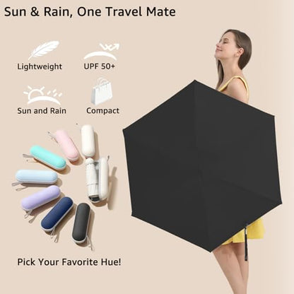 BAODINI Reiseutensilien Mini-Regenschirm für die Handtasche mit Etui Klein Kompakt UV-Sonnenschutz Leicht Winzig Tasche Manuelles Öffnen und Schließen Regenschirm für Damen, Kinder und Herren Passt in Handtasche Rucksack