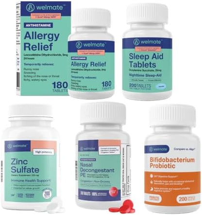 WELMATE Complete Allergy & Wellness Kit: Generic Xyzal Levocetirizine 5mg (24hr Support), Phenylephrine HCl Nasal Decongestant, Doxylamine Sleep Aid, Bifidobacterium Probiotic, & Zinc Sulfate