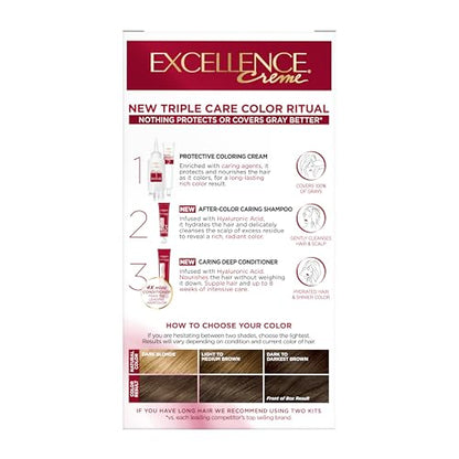 L'Oréal Paris Excellence Crème Permanente Haarfarbe, dreifache Pflegehaarfarbe mit Hyaluronsäure für 100% Grauabdeckung, 4AR Dunkles Schokobraun, 1 Packung (Verpackung kann variieren)