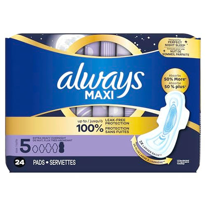 Always Maxi Overnight Damenbinden mit Flügeln, Größe 5, Extra Starker Auslaufschutz für die Nacht, Unparfümiert, 36 Stück