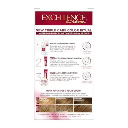 L'Oréal Paris Excellence Crème Permanente Haarfarbe, dreifache Pflegehaarfarbe mit Hyaluronsäure für 100% Grauabdeckung, 4AR Dunkles Schokobraun, 1 Packung (Verpackung kann variieren)
