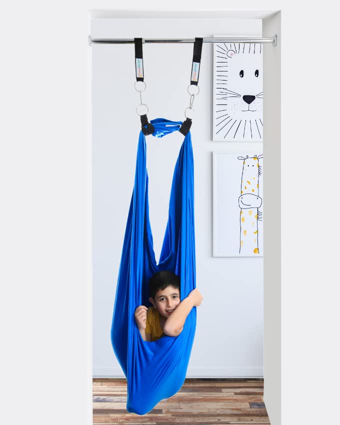 DreamGYM Türrahmen-Sensorik-Schaukel-Set – blaue Kompressionsschaukel und Trapezstange mit roten Turnringen Kombi