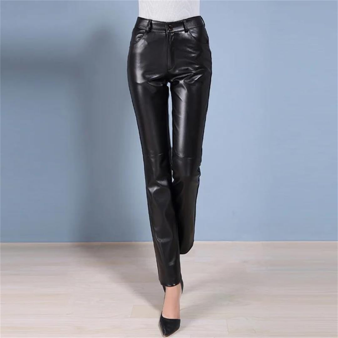 Womens Solid Straight Leather Pant Thick Sheepskin Zipper Slim Office Lady Trousers