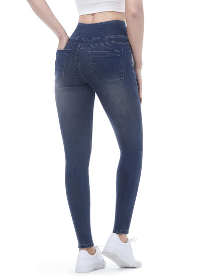 Chasehot Pull-On Skinny Jeans für Damen, dehnbare High-Waist Leggings, trendige Bauchkontrolle, Denim-Jeggings mit Taschen, Dark Wash-L