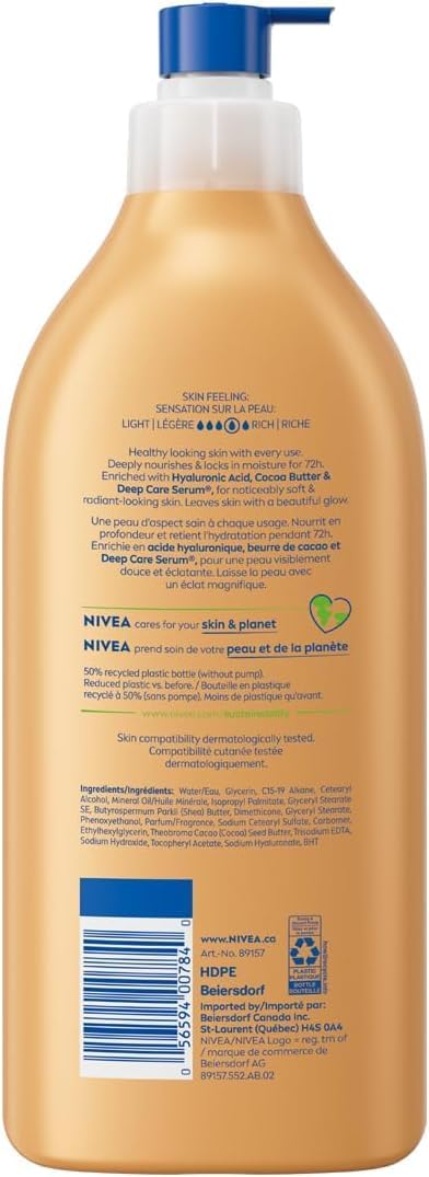 NIVEA Kakaobutter 72h Feuchtigkeitspflegende Body Lotion für trockene Haut, Körperlotion mit Hyaluronsäure und Kakaobutter, Nicht fettend und schnell einziehend, 625 ml Flasche