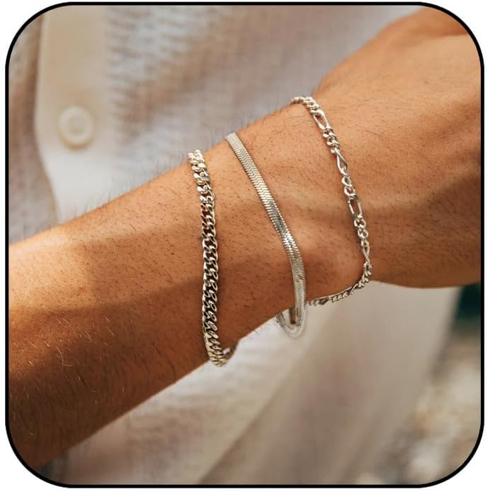 3 Stück Herren Silber Armbänder, robustes Curb Edelstahl Breite Schlangenkette Figaro Cuban Armband Set 7/7.8+1.2 Zoll verstellbares Stapel-Silberkettenarmband für Männer